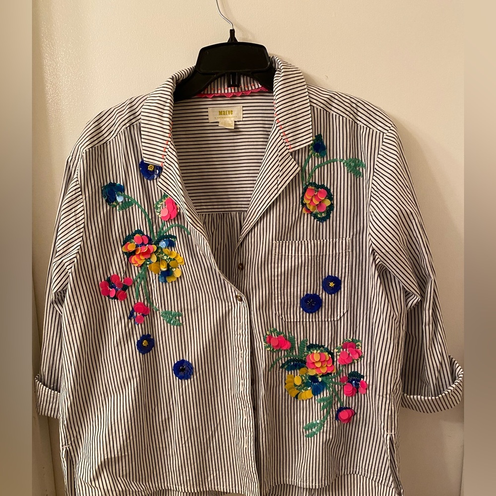 Maeve Black and White Striped Blouse with Colorful Floral Embroidery